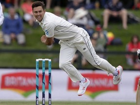 New Zealand's Trent Boult bowls during play on day two of the second cricket test between New Zealand and Sri Lanka at Hagley Oval in Christchurch, New Zealand, Thursday, Dec. 27, 2018.