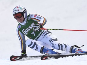 Germany's Viktoria Rebensburg speeds down the course during the second run of an alpine ski, women's World Cup giant slalom in Semmering, Austria, Friday, Dec. 28, 2018