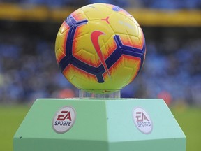 Match ball seen before the English Premier League soccer match between Manchester City and Crystal Palace at Etihad stadium in Manchester, England, Saturday, Dec. 22, 2018.