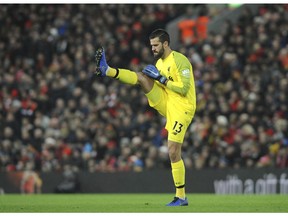 Liverpool's Alisson Becker during the English Premier League soccer match between Liverpool and Manchester United at Anfield in Liverpool, England, Sunday, Dec. 16, 2018.