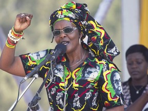In this Friday Sept. 1, 2017 file photo, former Zimbabwean first lady, Grace Mugabe addresses party supporters at a rally in Gweru, Zimbabwe.
