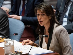 In this file photo taken on November 26, 2018 US Ambassador to the UN Nikki Haley addresses the UNSC during a United Nations Security Council meeting  in New York.