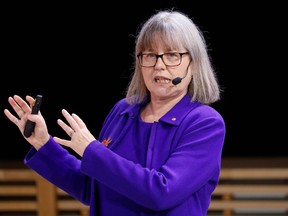 Physics laureate Donna Strickland speaks during her Nobel Lecture Generating High-Intensity Ultrashort Optical Pulses at the Aula Magna, Stockholm University, in Stockholm, Sweden, on December 8, 2018.