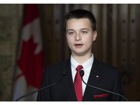 Make-A-Wish Prime Minister for a Day Aiden Anderson, from London, Ont. addresses the media in the foyer of the House of Commons Wednesday December 12, 2018 in Ottawa.