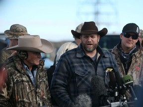 Ammon Bundy, the leader of an anti-government militia, speaks to members of the media in front of the Malheur National Wildlife Refuge Headquarters on January 6, 2016 near Burns, Oregon.