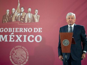 Mexico's President Andres Manuel Lopez Obrador gives his first press conference as president, at the National Palace in Mexico City on December 3, 2018. - Anti-establishment leftist Andres Manuel Lopez Obrador vowed a "deep and radical" change in Mexico as he assumed the country's presidency on December 1.