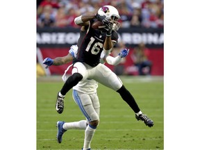 Arizona Cardinals wide receiver Trent Sherfield (16) can't make the catch against het Detroit Lions during the first half of NFL football game, Sunday, Dec. 9, 2018, in Glendale, Ariz.