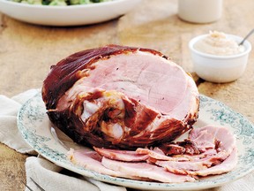 Baked ham with roasted applesauce and horseradish cream