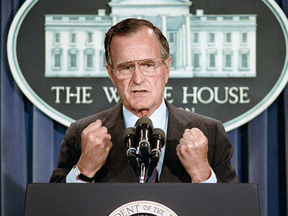 U.S. President George H.W. Bush holds a news conference at the White House in Washington, June 5, 1989.