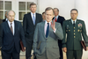 President George H.W. Bush talks to reporters after meeting with top military advisors to discuss the Persian Gulf War on Feb. 11, 1991. From left are, Defense Secretary Dick Cheney, Vice President Dan Quayle, White House Chief of Staff John Sununu, the president, Secretary of State James A. Baker III, and Joint Chiefs Chairman Gen. Colin Powell.