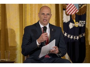 FILE - In this Aug. 20, 2018, file photo, Acting U.S. Immigration and Customs Enforcement Director Ronald Vitiello speaks during an event in Washington. Nearly 70 former judges, including federal judges and state supreme court justices, sent a letter to Vitiello calling for U.S. immigration officials to stop making arrests at courthouses of people suspected of being in the country illegally, saying immigrants should be free to visit halls of justice without fearing they will be detained.