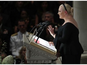 FILE - In this Sept. 1, 2018, file photo, Meghan McCain speaks at a memorial service for her father, Sen. John McCain, R-Ariz., at Washington National Cathedral in Washington. The following quote from her eulogy is among those on a Yale Law School librarian's list of the most notable quotes of 2018: "We gather to mourn the passing of American greatness, the real thing, not cheap rhetoric from men who will never come near the sacrifice he gave so willingly, nor the opportunistic appropriation of those that live lives of comfort and privilege while he suffered and served."