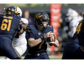 California quarterback Chase Garbers looks to pass against the Stanford in the first quarter of a football game in Berkeley, Calif., Saturday, Dec. 1, 2018.