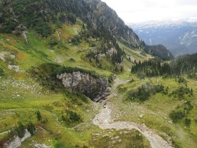 A newly discovered cave in a remote valley in British Columbia's Wells Gray Provincial Park just might be the country's largest such feature. The entrance to the cave, nicknamed "Sarlacc's Pit" by the helicopter crew who discovered it, is seen in an undated handout photo.