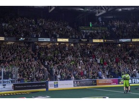 The home town cheers after the Saskatchewan Rush score a goal against the Rochester Knighthawks late in game three of the the National Lacrosse League finals in Saskatoon on June 9, 2018.