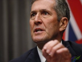 Manitoba Premier Brian Pallister speaks to media at the Manitoba Legislature in Winnipeg on November 20, 2018. The Manitoba government is setting up a new cabinet committee and a new provincial office to focus on economic development. Premier Brian Pallister says the government will also create a new Innovation Growth Program to help small and medium-seized businesses develop new products.