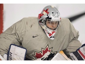 Canada goaltender Michael DiPietro, a Vancouver Canucks draft pick, is seen during practice at the Sandman Centre in Kamloops, B.C., July, 30, 2018.