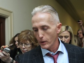 House Oversight and Government Reform Committee Chairman Rep. Trey Gowdy, R-S.C., speaks to reporters as he takes a break House Judiciary and Oversight Committee closed-door interview with former FBI Director James Comey on Capitol Hill in Washington, Friday, Dec. 7, 2018. .