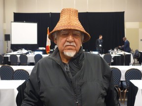 Snuneymuxw First Nation elder Gary Manson appears before a National Energy Board panel in Nanaimo, B.C., on Dec. 5, 2018 to deliver remarks on the Trans Mountain pipeline expansion project.