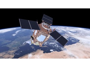 The undated artist rendering provided by ESa shows the Sentinel-5P satellite which is the first Copernicus mission dedicated to monitoring our atmosphere. It carries the Tropomi instrument to map a multitude of trace gases and aerosols that affect the air we breathe and our climate. (ESA via AP)