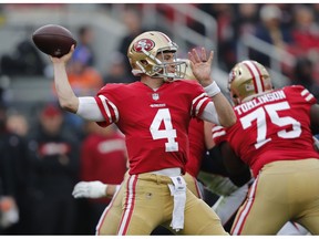 San Francisco 49ers quarterback Nick Mullens throws during the first half of an NFL football game against the Denver Broncos Sunday, Dec. 9, 2018, in Santa Clara, Calif.