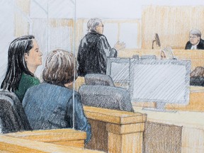 In this courtroom sketch, Meng Wanzhou, far left, the chief financial officer of Huawei Technologies, sits beside a translator during a bail hearing at B.C. Supreme Court in Vancouver, on Dec. 7.