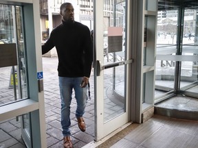 Calgary Stampeders' DaVaris Daniels, arrives for the trial of Nelson Tony Lugela, charged in the shooting death of Calgary Stampeder Mylan Hicks, in Calgary, Monday, Dec. 3, 2018.THE CANADIAN PRESS/Jeff McIntosh