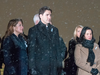 Prime Minister Justin Trudeau, centre, his wife Sophie Gregoire Trudeau, left, and Montreal Mayor Valerie Plante, right, at a vigil honouring the victims of the 1989 Ecole Polytechnique attack, Dec. 6, 2018 in Montreal.