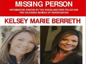This image shows a missing person poster on Kelsey Berreth, seen on the Woodland Park, Colo., Police Department's Facebook page on Dec. 10, 2018. Berreth was last seen with her 1-year-old daughter at a supermarket on Thanksgiving in Woodland Park, where she's lived since 2016. Her mother reported her missing December 2.