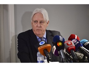 Martin Griffith, Special Envoy for Yemen of the U.N. Secretary General, attends a press conference at Johannesberg Palace, north of Stockholm on Monday Dec. 10, 2018. Yemen's warring parties are meeting for a fifth day of talks in Sweden aimed at halting the country's catastrophic 4-year-old war.