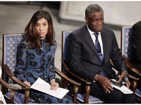 The Peace Price laureates Nadia Murad and Dr. Denis Mukwege attend the Nobel Peace Prize Ceremony in Oslo Town Hall, Oslo, Dec. 10, 2018.  Dr. Denis Mukwege from Congo and Nadia Murad from Iraq will jointly receive the Nobel Peace Prize for their efforts to end the use of sexual violence as a weapon of war and armed conflict.