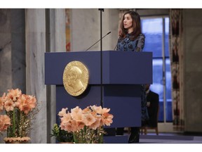 The Peace Prize laureate Nadia Murad from Iraq, gives a speech during the Nobel Peace Prize Ceremony in Oslo Town Hall, Oslo, Monday Dec. 10, 2018.  Dr. Denis Mukwege of Congo and Nadia Murad of Iraq jointly receive the Nobel Peace Prize recognising their efforts to end the use of sexual violence as a weapon of war and armed conflict.