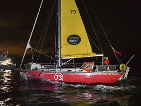 British yachtswoman Susie Goodall sailing her Rustler 36 yacht DHL STARLIGHT on arrival at Hobart, Australia, Oct. 30, 2018, arriving in 4th place in the 2018 Golden Globe Race.  British woman Goodall sailing solo in the Golden Globe Race round-the-world has lost her mast and was knocked unconscious in a vicious storm, and Thursday Dec. 6, 2018, rescuers are trying to reach her in the Southern Ocean, 2,000 miles west of Cape Horn near the southern tip of South America.