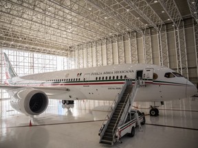 The Mexican Presidential 'Jose Maria Morelos y Pavon,' a Boeing Co. 787-8 Dreamliner aircraft, sits at a hanger in Mexico City, Mexico, on Sunday, Dec. 2, 2018.