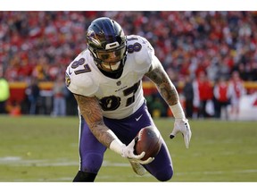 Baltimore Ravens tight end Maxx Williams (87) scores a touchdown during the second half of an NFL football game against the Kansas City Chiefs in Kansas City, Mo., Sunday, Dec. 9, 2018.