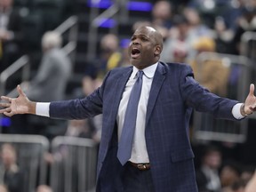 Indiana Pacers head coach Nate McMillan questions a call during the first half of an NBA basketball game against the Sacramento Kings in Indianapolis, Saturday, Dec. 8, 2018.