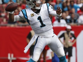 FILE - In this Dec. 2, 2018, file photo, Carolina Panthers quarterback Cam Newton (1) throws a pass against the Tampa Bay Buccaneers during the first half of an NFL football game, in Tampa, Fla. The Panthers play the Cleveland Browns in Cleveland on Sunday.
