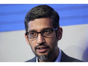 FILE - In this Jan. 24, 2018, file photo Sundar Pichai, CEO of Google, speaks during a conversation as part of the annual meeting of the World Economic Forum in Davos, Switzerland. Pichai's appearance Tuesday, Dec. 11, before the House Judiciary Committee comes after he angered members of a Senate panel in September by declining their invitation to testify about foreign governments' manipulation of online services to sway U.S. political elections. Pichai's no-show at that hearing was marked by an empty chair for Google alongside the Facebook and Twitter executives who appeared and were interrogated.