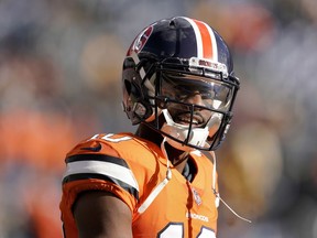 FILE - In this Sunday, Nov. 25, 2018, file photo, Denver Broncos wide receiver Emmanuel Sanders (10) warms up prior to an NFL football game against the Pittsburgh Steelers in Denver. Sanders was helped off the practice field Wednesday, Dec. 5, 2018, after crumpling to the ground on a pass play and grabbing his left ankle.