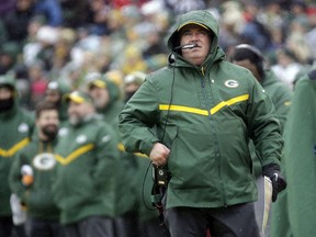 FILE - In this Sunday, Dec. 2, 2018, file photo, Green Bay Packers head coach Mike McCarthy watches a replay on the scoreboard during the first half of an NFL football game against the Arizona Cardinals in Green Bay, Wis. The fired coach was welcomed back to bid farewell to the Packers players on Wednesday, Dec. 5, 2018.