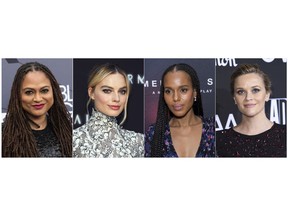 This combination photo shows, from left, director Ava DuVernay, and actresses Margot Robbie, Kerry Washington and Reese Witherspoon who are teaming up to mark the one-year anniversary of Time's Up with a celebrity auction to benefit the group's legal fund. To date it has raised more than $22 million. (AP Photo)