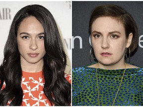 This combination photo shows actress Aurora Perrineau in Los Angeles on Feb. 17, 2015, left, and actress-writer Lena Dunham in New York on May 29, 2018. Dunham is apologizing to Perrineau for defending a writer who Perrineau accused of sexual misconduct. Writing Wednesday in The Hollywood Reporter, Dunham says she "did something inexcusable" in supporting producer and writer Murray Miller. (AP Photo)