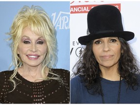 This combination photo shows Dolly Parton at the 69th Primetime Emmy Awards Variety and Women in Film pre-Emmy celebration in Los Angeles on Sept. 15, 2017, left, and Linda Perry at "An Evening with Women" in Los Angeles on May 21, 2016. Parton and Perry were nominated for a Golden Globe for best original song for "Girl in the Movies," from the film, "Dumplin'." The 76th Golden Globe Awards will be held on Sunday, Jan. 6. (AP Photo)