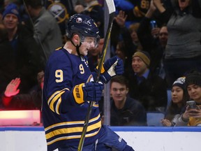 Buffalo Sabres forward Jack Eichel (9) celebrates his goal during the first period of an hockey game against the Philadelphia Flyers, Saturday, Dec. 8, 2018, in Buffalo N.Y.