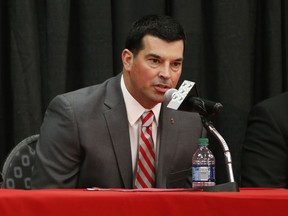 Ohio State NCAA college football offensive coordinator Ryan Day answers questions during a news conference announcing his hiring as head coach to replace Urban Meyer, who announced his retirement Tuesday, Dec. 4, 2018, in Columbus, Ohio.