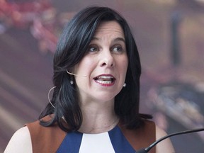 Montreal Mayor Valerie Plante speaks during a news conference in Montreal on April 26, 2018.