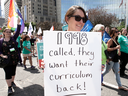 Ontario elementary teachers' supporters protest the Ford government's sex-ed rollback at Queen's Park in Toronto, Aug. 14, 2018.