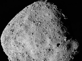 This mosaic image composed of 12 PolyCam images collected on Dec. 2, 2018, and provided by NASA shows the asteroid Bennu.