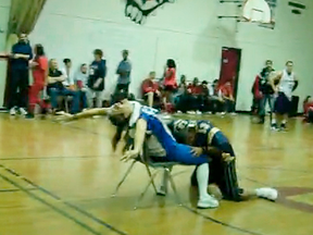 Teachers Chrystie Fitchner and Adeil Ahmed perform a suggestive dance at a student pep rally at Churchill High School in Winnipeg in February 2010.