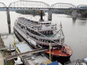 FILE - In this Sept. 25, 2013, file photo, the Delta Queen riverboat is moored at Coolidge Park on in downtown Chattanooga, Tenn. President Donald Trump signed legislation on Tuesday, Nov. 4, 2018, that will allow the historic 1920s Delta Queen to cruise the nation's rivers once again after a 10-year layoff.